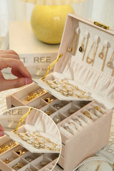 PFCTART Schmuckkasten Hochwertige Leder Schmuckkasten Desktop-Schublade Schmuck Organizer (Dunkelgrün/Beige/Hellrosa), Mit Tragegriff Multi-Öffnung Hardware Scharnier Bild 3