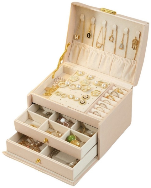 PFCTART Schmuckkasten Hochwertige Leder Schmuckkasten Desktop-Schublade Schmuck Organizer (Dunkelgrün/Beige/Hellrosa), Mit Tragegriff Multi-Öffnung Hardware Scharnier Bild 5
