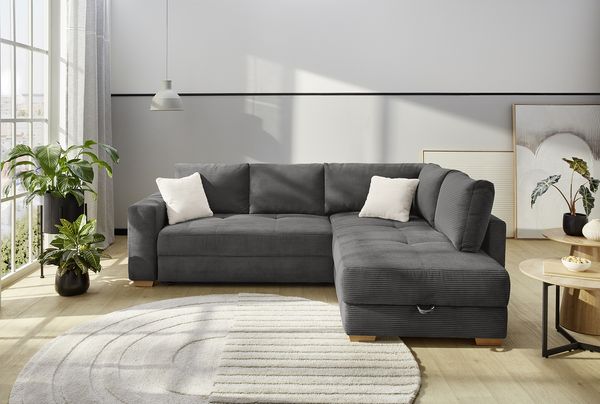 Ecksofa-Dauerschläfer Boxspring Federkerncouch Topper Stauraum Cord Grau Anthr.