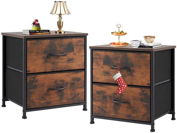 Sweetcrispy Nachttisch 2er Set, Nachttisch Beistelltisch, Kommode Schlafzimmer, Stoff Schubladenschrank, Schmal Schrank, Industrial Stil für Wohnzimmer, Flur Aufbewahrungsschrank, Braun