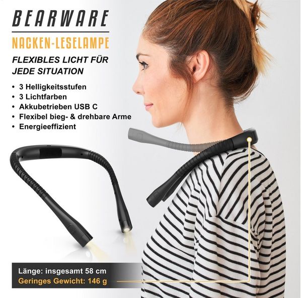 BEARWARE LED Leselampe Nackenlicht für Handarbeit, Stricken & Buch Lesen, flexibel, für Hals, Dimmfunktion, Farbwechsel, LED fest integriert, Neutralweiß, Kaltweiß, Farbwechsler, 3 Helligkeitsstufen, 3 Lichtfarben, 1000mAh Akku, USB-C, augenschonend