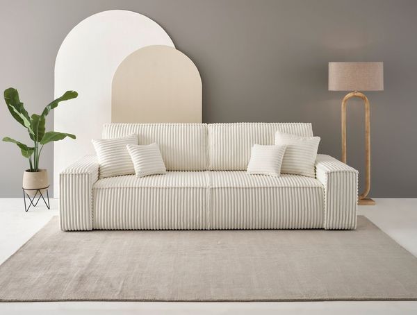 andas 3-Sitzer FINNLEY Schlafsofa 257 cm, Schlaffunktion mit Bettkasten (200/136cm), in Aqua Clean-Bouclé, Struktur fein u. Cord