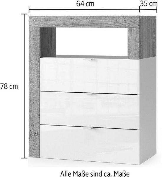 welltime Unterschrank Hamburg Höhe 78 cm, Breite 64 cm, Badkommode mit 3 Schübkästen, Badezimmerschrank, dekorativer Rahmen, offenes Fach, Metallgriffe Bild 3
