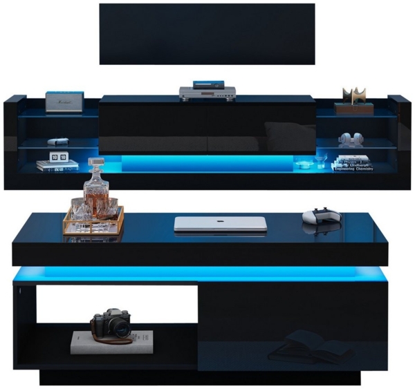 MODFU Wohnzimmer-Set Hochglanz TV-Schrank + Couchtisch, (Wohnzimmer-Wand-Set, 2-St, 100 x 50 x 40 cm Couchtisch, 181*38*38cm TV-Schrank), mit LED-Beleuchtung