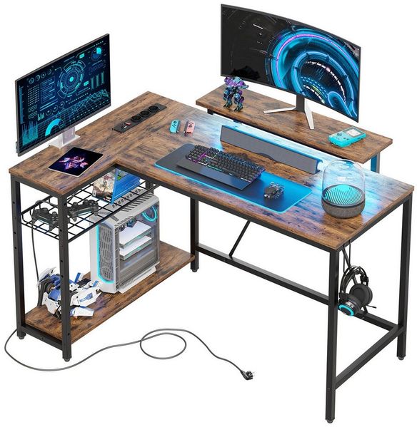 Bestier Gamingtisch L-förmiger Gaming Schreibtisch, 122x82cm Schreibtisch mit Regal (Eckschreibtisch mit USB Ladeanschluss & Steckdose, Tablett mit Ständer), mit Monitorständer Stauraum, Haken & Regal, reversibel
