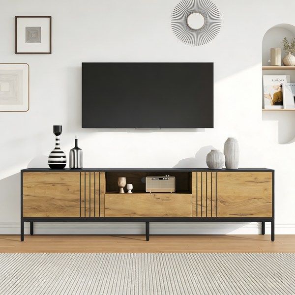 TV-Schrank 170x35x50 cm in Eichefarben/Schwarz mit Schublade, Türen und offenem Fach