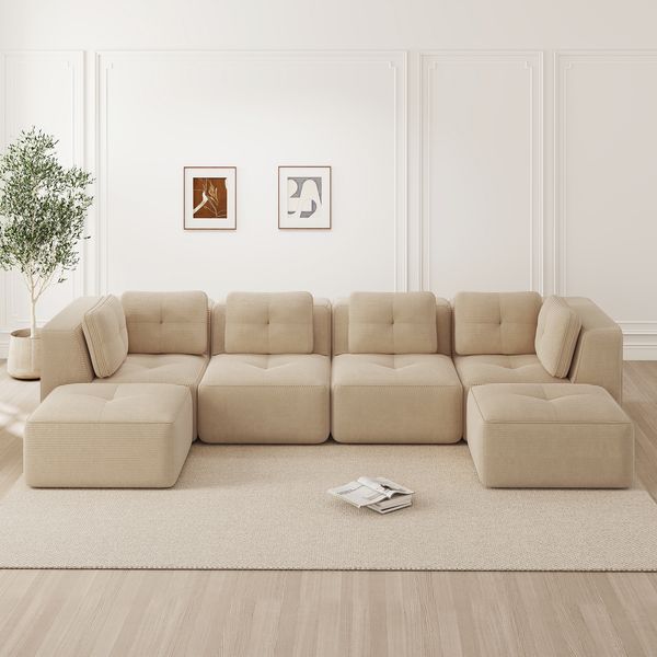 Modulares Ecksofa 2- bis 4-Sitzer H 69 x T 386 x B 177 cm aus Cord in Beige, flexibel kombinierbar, ohne klassischen Aufbau
