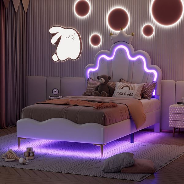 Merax Einzelbett, Polsterbett 90*200cm, Kinderbett kronenförmiges Prinzessinnenbett, weiche Polsterung aus PU-Leder, verstellbarer LED-Umgebungslichtstreifen, weiß