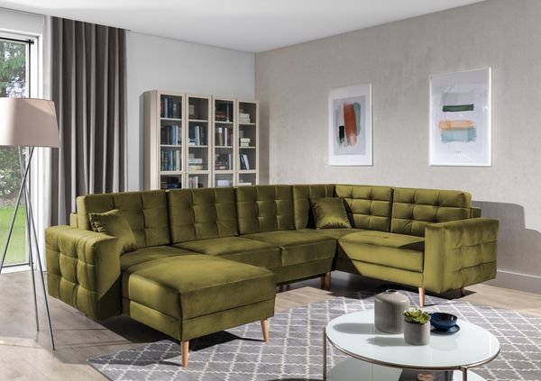 Wohnideebilder 'Asgard U' Ecksofa mit Schlaffunktion und Bettkasten, 320x90x202 cm, Grün