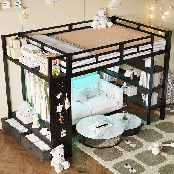 Hochbett mit RGB LED-Streifen, Kleiderstange, Lattenrost, Trittleiter, Regal, Wandgitter und Schubladen, 140x200 cm, Kinderbett mit Rausfallschutz, Metallbett
