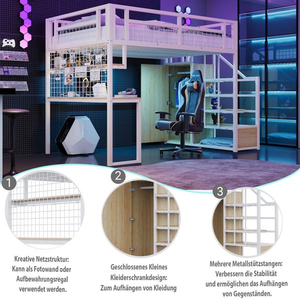 Metall-Hochbett 90x200 cm mit Schreibtisch,Stauraumtreppe & Regal – Jugendbett platzsparend in Weiß Bild 7