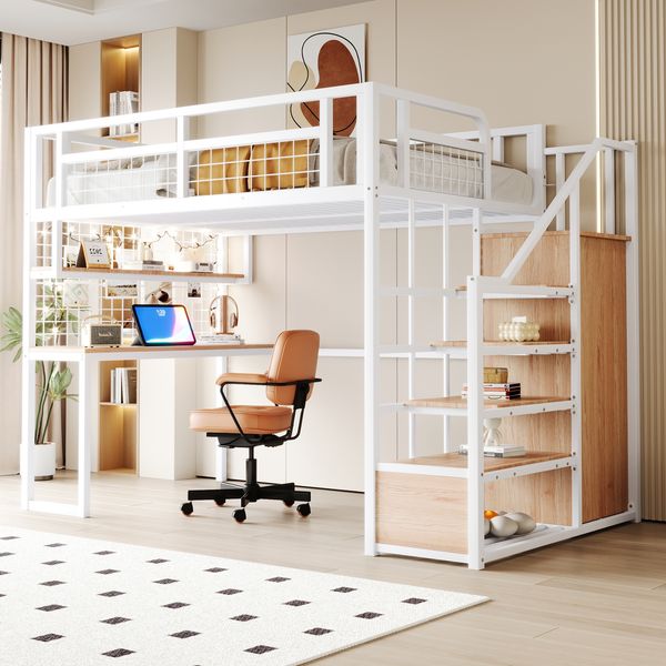 Metall-Hochbett 90x200 cm mit Schreibtisch,Stauraumtreppe & Regal – Jugendbett platzsparend in Weiß