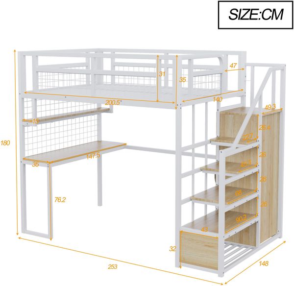 Metall-Hochbett 90x200 cm mit Schreibtisch,Stauraumtreppe & Regal – Jugendbett platzsparend in Weiß Bild 8