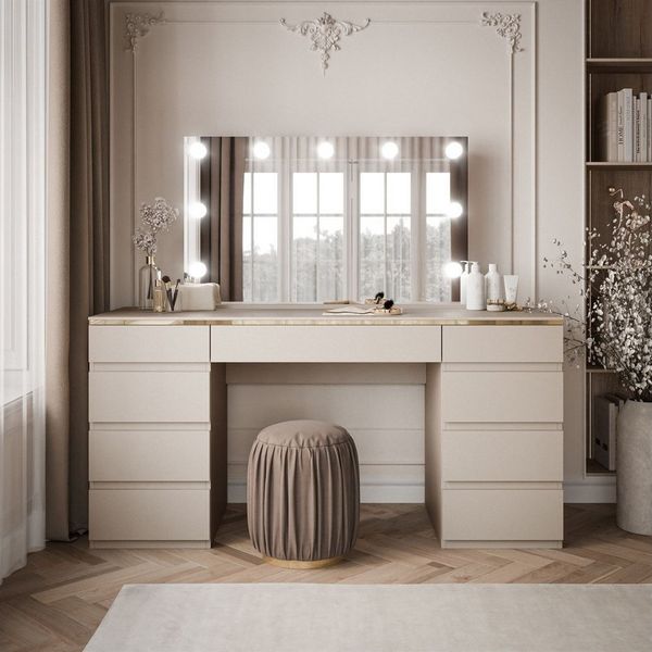 ALLHOUSE24 Schminktisch PEONY Kaschmir GOLD DOUBLE mit Spiegel und Beleuchtung Kosmetiktisch, Breite 156,8 cm