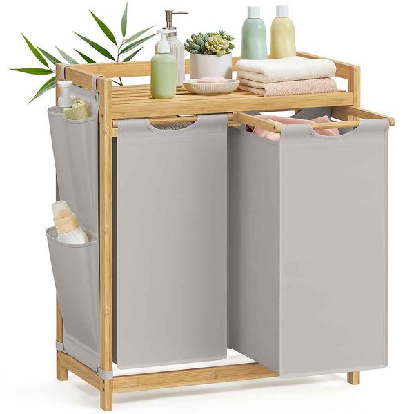 SONGMICS Wäschekorb 2 Fächer, Bambus, Wäschesammler 100 L, Wäschesortierer, mit Ablage, Wäschesack, kleine seitliche Taschen, Wäscheregal, 2 x 50 L, 63 x 33 x 78 cm, rauchgrau RLHDE100G02