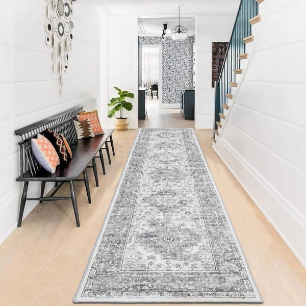 Enyhom Küchenläufer Teppich Läufer 60x240 cm Grau Vintage Design rutschfest Waschküche