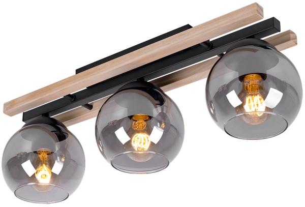 Deckenleuchte, Holz, natur, Glas rauch, L 60 cm