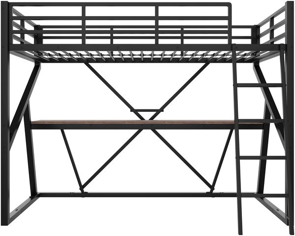 Hochbett 90x200 cm aus Metall und MDF mit LED-Leiste, Geländer, Treppe und Schreibtisch, Schwarz, ohne Matratze Bild 10