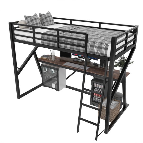 Hochbett 90x200 cm aus Metall und MDF mit LED-Leiste, Geländer, Treppe und Schreibtisch, Schwarz, ohne Matratze Bild 7