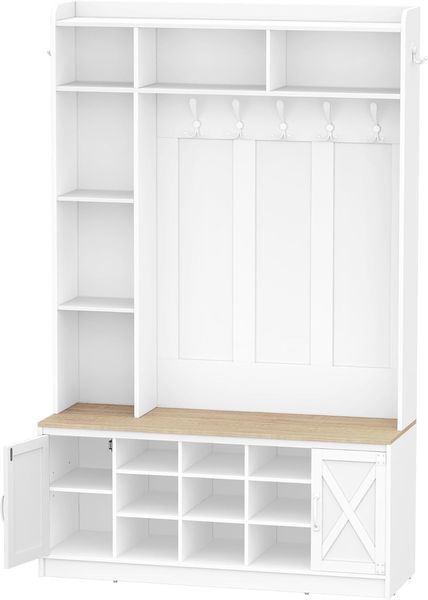 Garderobenständer mit Sitzbank, Garderobe mit LED, Kleiderständer, Verstellbare Regalböden, 15 Offene Fächer, 7-Haken, für Eingangsbereich, 40,3 x 120 x 191 cm, Weiß und Gelb Bild 2