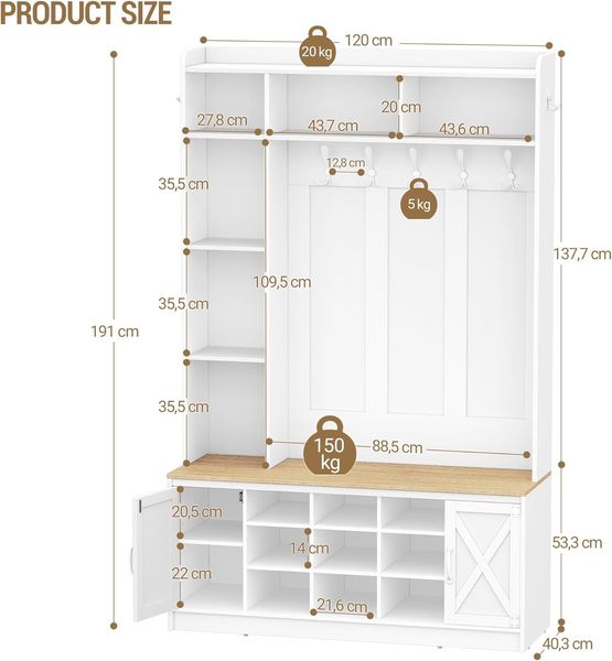Garderobenständer mit Sitzbank, Garderobe mit LED, Kleiderständer, Verstellbare Regalböden, 15 Offene Fächer, 7-Haken, für Eingangsbereich, 40,3 x 120 x 191 cm, Weiß und Gelb Bild 9