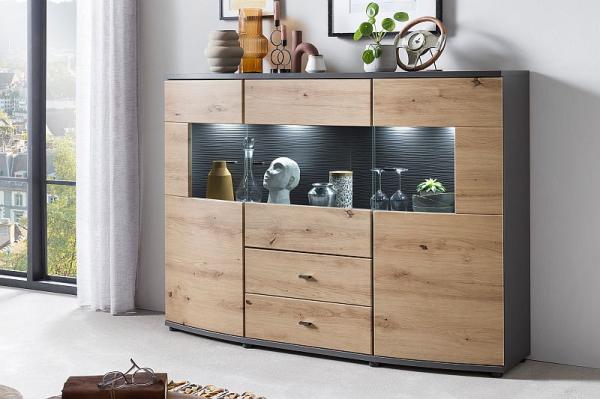 FLORI 081 Highboard Artisan Eiche MDF Tiefgezogen Korpus:Anthrazit/Ohne LED Beleuchtung ohne Beleuchtung