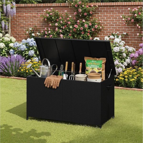 Yaheetech Auflagenbox Gartenbox mit Deckel & Rollen, Gartentruhe Aufbewahrungsbox aus PE-Rattan 651 L
