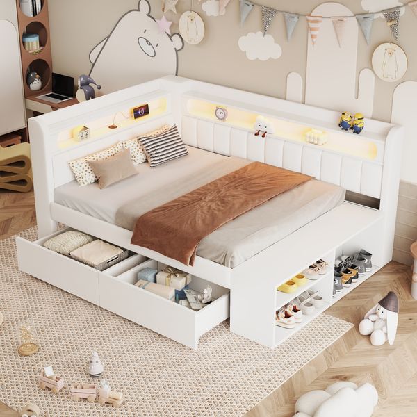 Merax Kinderbett, Einzelbett, Schlafsofa 90x200cm mit USB-Anschluss und LED-Lichtleiste, inklusive Schuhschrank und zwei Schubladen, weiß