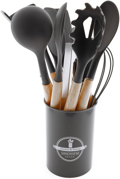 12 teiliges Küchenhelfer-Set aus Silikon Kochgeschirr mit Holzgriff Hitzebeständig Grau