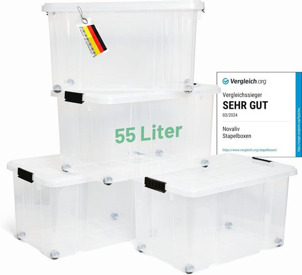 Novaliv Aufbewahrungsbox 30543+4xTRA (4 St), Novaliv 4x Aufbewahrungsboxen mit Deckel Groß 55L transparente Nestbar