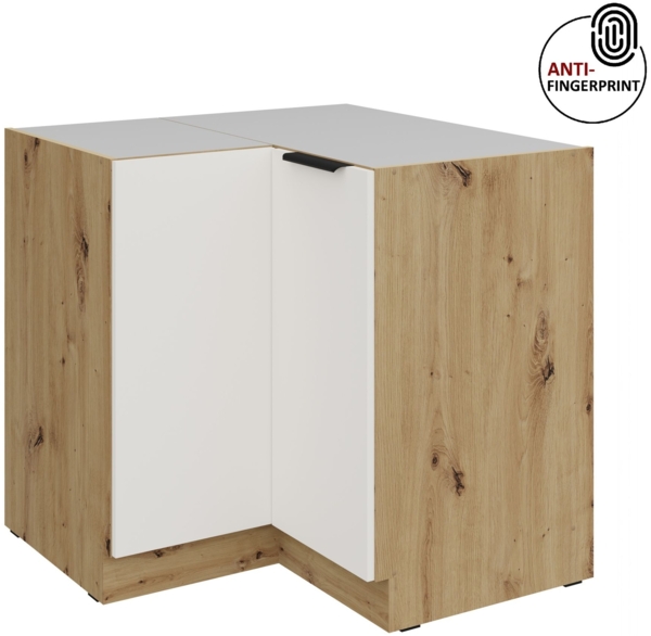 Küchen Eckunterschrank 90x90 cm Küche ARIA Weiss ultra matt + Eiche Artisan matt, hochwertige Fronten mit Anti Fingerprint Beschichtung Küchenzeile Küchenblock
