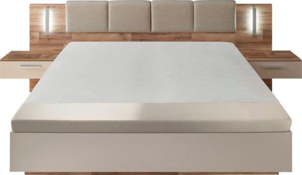 Stella Trading CADORE Doppelbett Bettanlage mit Nachtkommoden & Beleuchtung 180x200 cm - Schlafzimmer Komplett-Set in Champagner, Montana Oak Optik - 306 x 100 x 230 cm (B/H/T)