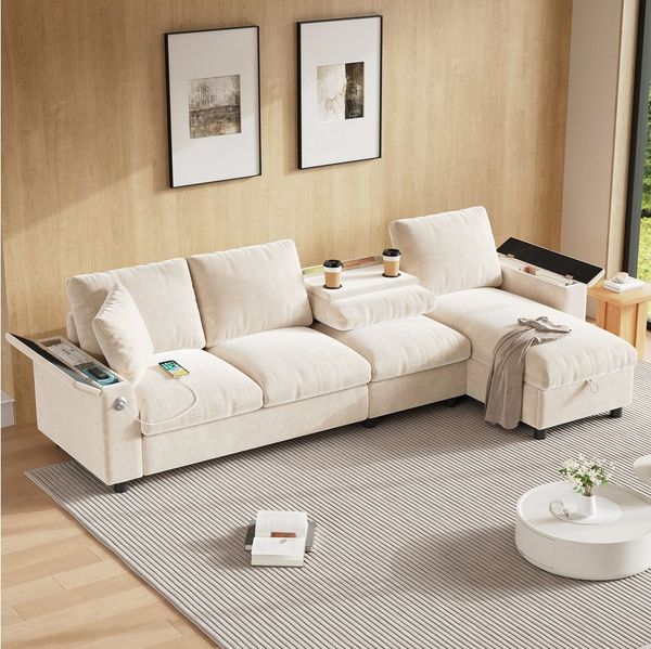 i@home Ecksofa L-förmiges Sofa, 3-Sitzer Sofa, ausklappbarer Couchtisch mit zwei Getränkehaltern, 1 USB und 1 Typ-C