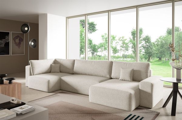 Wohnlandschaft mit Schlaffunktion ARONA XL Stoff Centaur Creme Ottomane Rechts