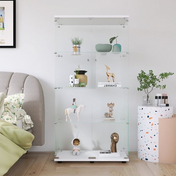 FUROKOY Glasvitrine Standvitrine, Modern Glas Vitrinenschrank (4 Lagen Glasvitrine mit 2 Glastür, Sammlervitrine, für Sammlerstücke Bücher Wein,ohne Licht, weiß)