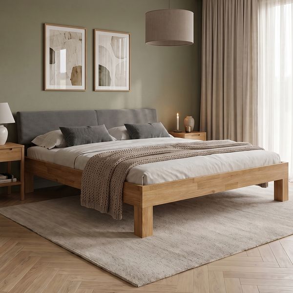 skølm 'Floki' Bett 180x200 cm mit Kopfteil Cord, anthrazit, Bettgestell, natur geölt, Massivholzbett aus Eiche, Doppelbett mit Bettkopf
