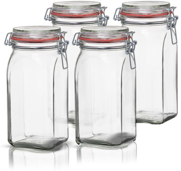 BigDean 4er Set Vorratsgläser 1,5L - Einmachgläser mit Bügelverschluss - Made in Germany - Drahtbügelgläser zum luftdichten Aufbewahren, Einlegen & Einkochen - Glas, eckig