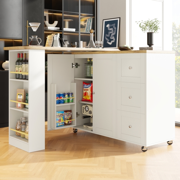 Bartischschrank Weiß Küchentisch 360° drehbar mit Rollen, Klapptisch Sideboard mit Regalen, aus MDF modern mit Metallgriffen