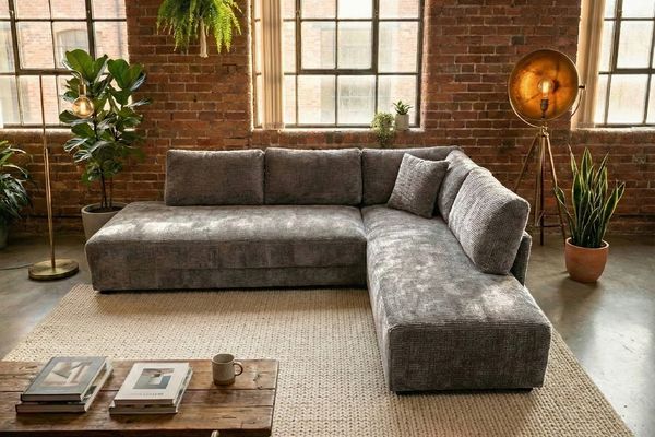 KAWOLA Schlafsofa SADIRA Ecksofa Stoff grau Recamiere rechts 89 x 209 x 288 cm