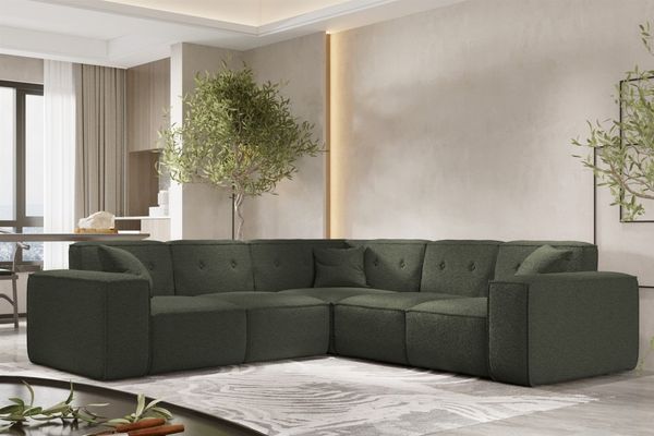 Ecksofa Designersofa CESINA in Stoff Ascot Bukla Winter Moss Seite Universal