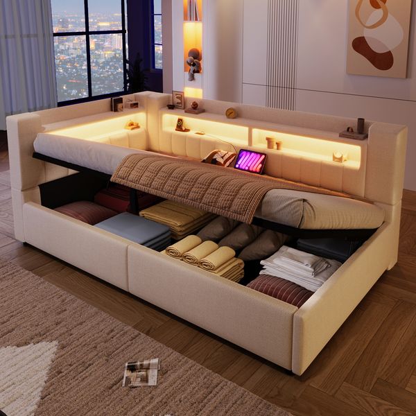 Merax Einzelbett, Polsterbett, Daybett, 90 x 200 cm, Hydraulische Lagerungt, Sofabett Mit USB Typ-C Ladefunktion, LED-Beleuchtung, Leinen, Beige
