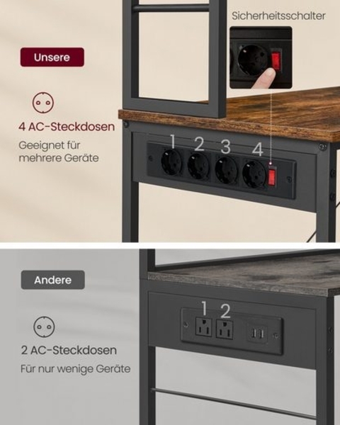 Vasagle Küchenregal, Standregal mit Ablagen, mit Steckdosen, mit 6 Haken und Metallrahmen, Industrie-Design, für Mikrowelle, Kochutensilien, 80 x 40 x 167 cm, Vintagebraun-Tintenschwarz von Songmics KKS119K06 Bild 5