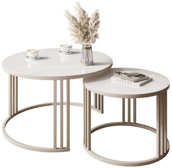 Lookway Couchtisch LORI 2in1 GLASS, runder Couchtisch mit kaschmirfarbenem Gestell (2er Set), Durchmesser: ⌀70 cm und ⌀50 cm