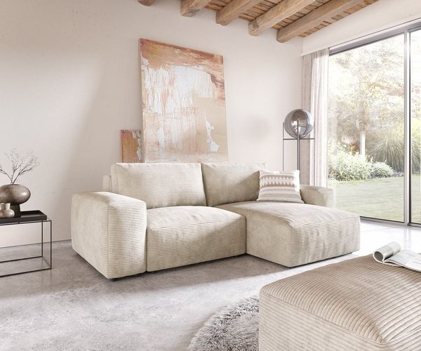 DELIFE Ecksofa Lanzo, XL Cord Beige 270x180 cm Recamiere variabel mit Hocker