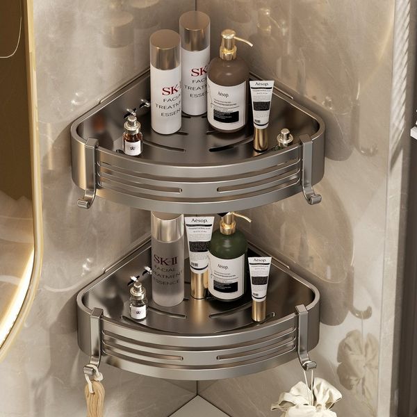 Refined Living Duschregal 2-Stück Eckregal ohne Bohren aus rostfreiem Aluminium für die Dusche, Badezimmer Duschablage Selbstklebendes Oder Bohren 2-tlg, mit 4 Klebeflächen und 4 Haken,für Bäder Küchen Duschgel(Grau&Schwarz)