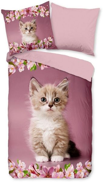 good morning Kinderbettwäsche Century, Renforcé, 2 teilig, Baumwolle, 135x200, Reißverschluss, Wende, Kind, Mädchen, Katze, Rosa