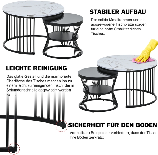 Merax Couchtisch in Marmoroptik mit Metallrahmen (2er Set), Beistelltisch mit drei Ablagen, Satztisch rund, Schwarz | Weiß Bild 7