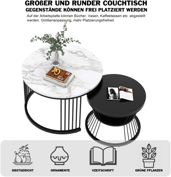 Merax Couchtisch in Marmoroptik mit Metallrahmen (2er Set), Beistelltisch mit drei Ablagen, Satztisch rund, Schwarz | Weiß Bild 8