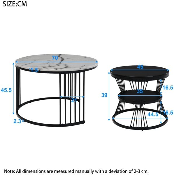 Merax Couchtisch in Marmoroptik mit Metallrahmen (2er Set), Beistelltisch mit drei Ablagen, Satztisch rund, Schwarz | Weiß Bild 5