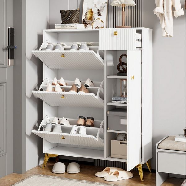 Flieks Schuhschrank Schuhkommode mit 3 Klappen, 1 Schublade und 1 Tür (H121xB90xT25 cm, 1-St, ca 16 Paar Schuhe) Schuhregal mit verstellbarer Einlegeböden Schuhkipper Weiß+Goldfarbe